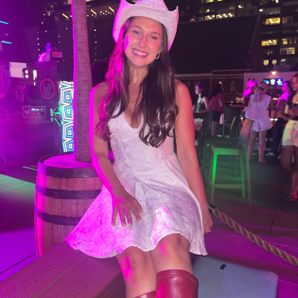 White Lace Dress with Red Boots